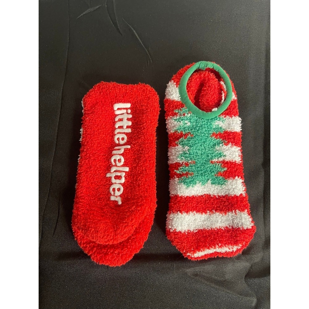 Christmas Tree Fuzzy Socks Little Helper Red White Green Ankle